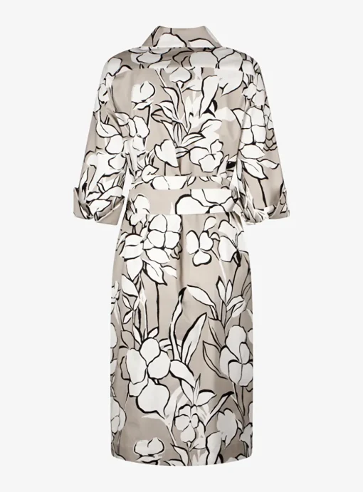 Jurk croatie greige met wit zwart bloem dessin | DELSCHER. Fashion