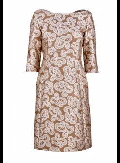 Jurk Maeva camel met beige kantdessin | DELSCHER. Fashion