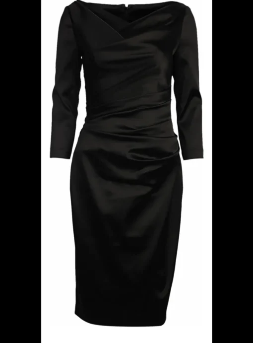 jurk satijn zwart met v hals hoog | DELSCHER. Fashion