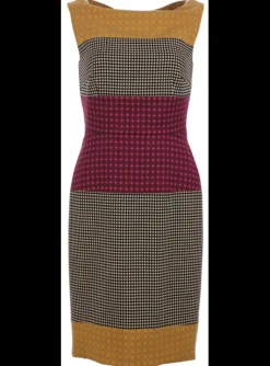 jurk zwart wit oker en cyclaam dessin | DELSCHER. Fashion