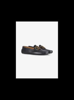 Mocassin leder zwart met mat goud logo | DELSCHER. Fashion