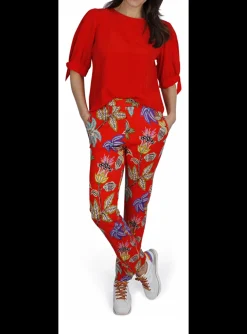 Pantalon rood bloem dessin | DELSCHER. Fashion