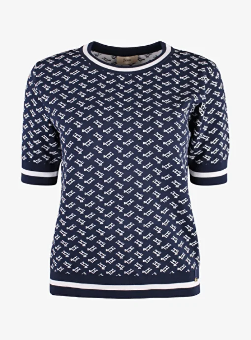 Pull h dessin blauw wit | DELSCHER. Fashion