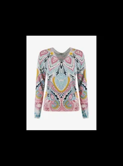 Pull zijde dessin roze blauw beige geel | DELSCHER. Fashion