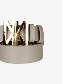 Riem cliche leder beige met goud logo | DELSCHER. Fashion
