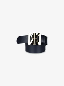 Riem cliche leder marine met goud logo | DELSCHER. Fashion