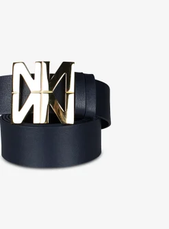 Riem cliche leder marine met goud logo | DELSCHER. Fashion