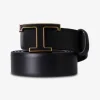 Riem leder T buckle zwart met goud randje | DELSCHER. Fashion