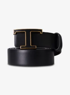 Riem leder T buckle zwart met goud randje | DELSCHER. Fashion