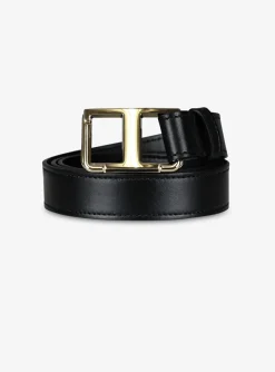 Riem leder T sluiting zwart | DELSCHER. Fashion