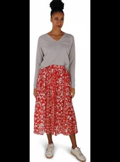 Rok plisse print dessin rood grijs | DELSCHER. Fashion