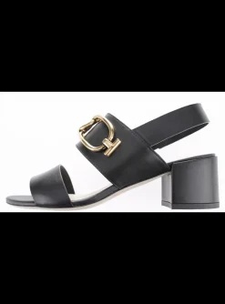 Sandalette leder zwart met goud detail | DELSCHER. Fashion
