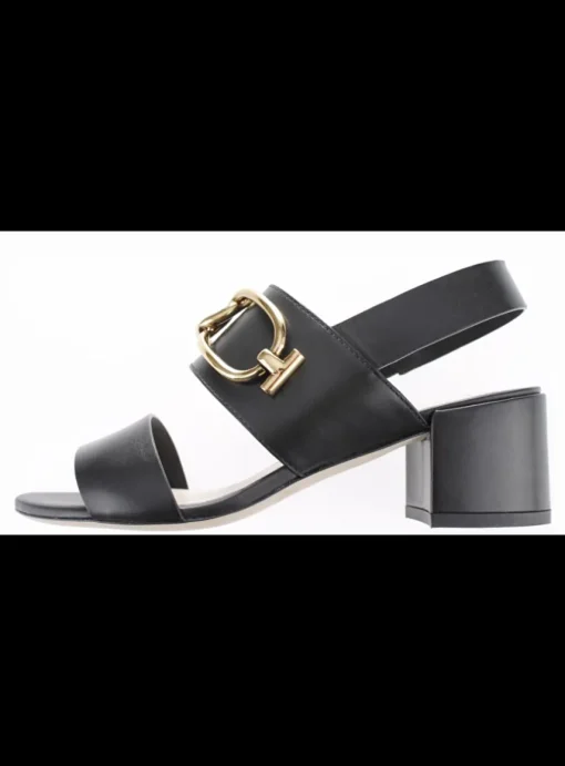Sandalette leder zwart met goud detail | DELSCHER. Fashion