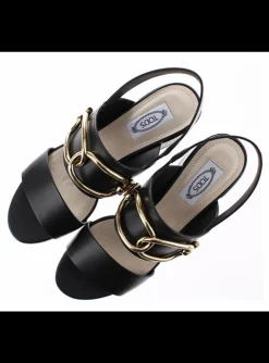 Sandalette leder zwart met goud detail | DELSCHER. Fashion