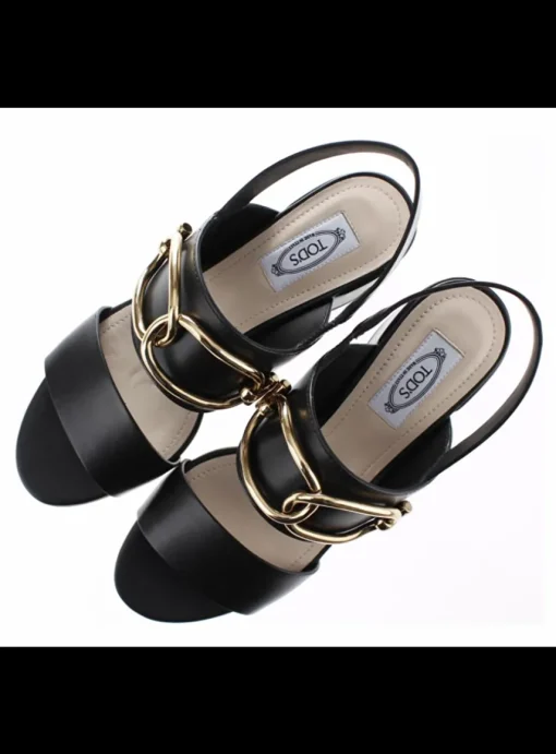 Sandalette leder zwart met goud detail | DELSCHER. Fashion