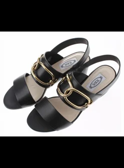 Sandalette leder zwart met goud detail | DELSCHER. Fashion