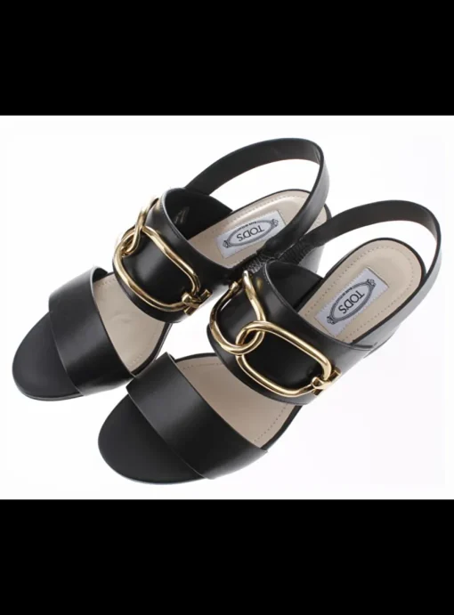 Sandalette leder zwart met goud detail | DELSCHER. Fashion