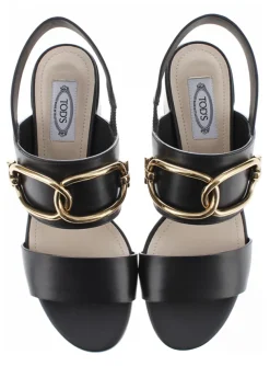 Sandalette leder zwart met goud detail | DELSCHER. Fashion