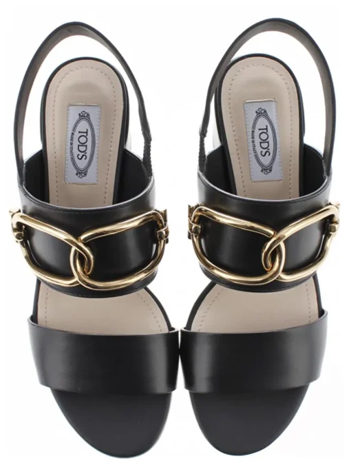Sandalette leder zwart met goud detail | DELSCHER. Fashion