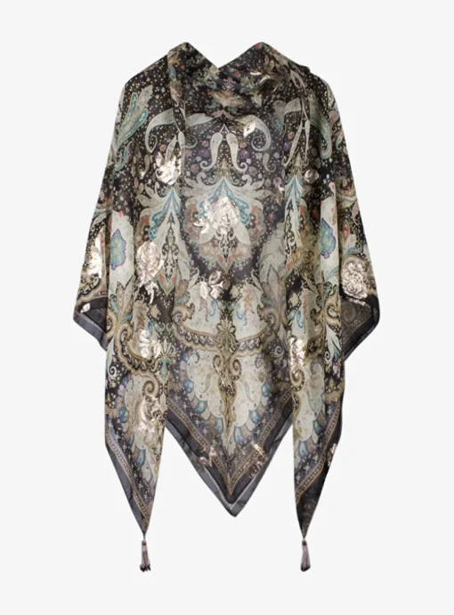 Shawl zijde zwart offwhite met goudaccent | DELSCHER. Fashion
