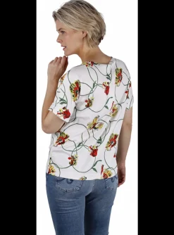 Shirt offwhite bloemen dessin groen rood | DELSCHER. Fashion