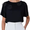 Shirt zwart katoen met opgestikte bloemen | DELSCHER. Fashion
