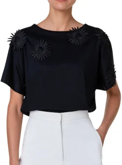 Shirt zwart katoen met opgestikte bloemen | DELSCHER. Fashion