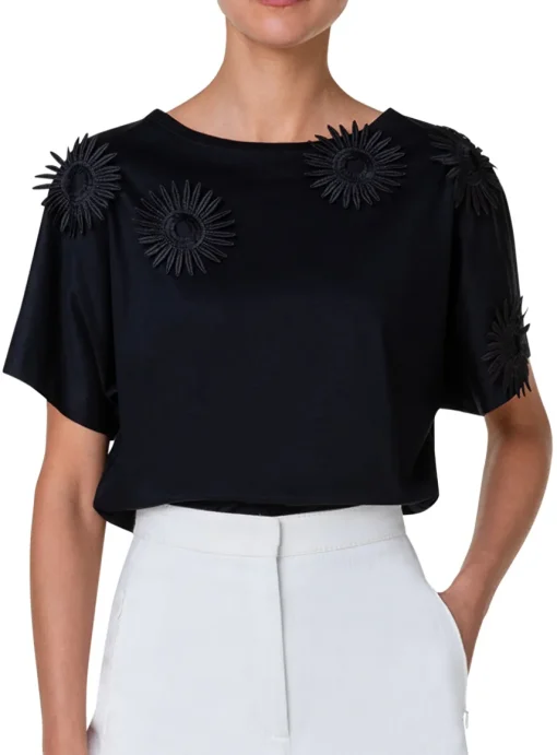 Shirt zwart katoen met opgestikte bloemen | DELSCHER. Fashion