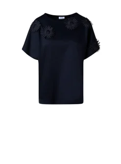 Shirt zwart katoen met opgestikte bloemen | DELSCHER. Fashion