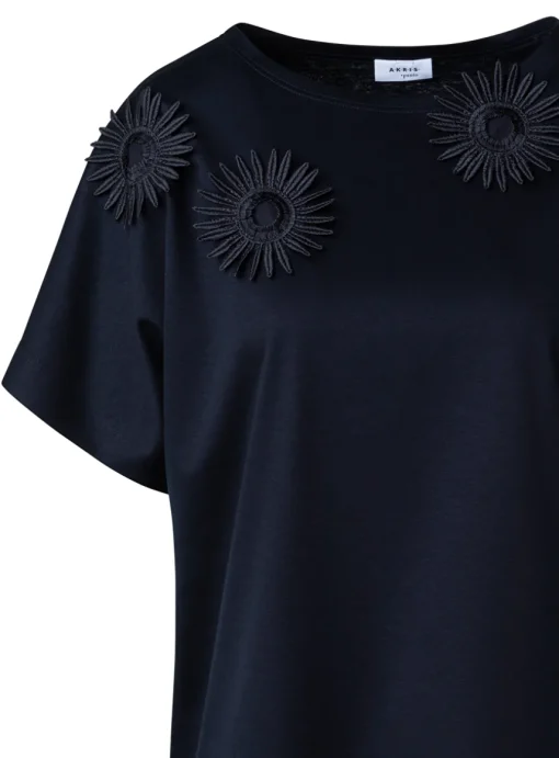 Shirt zwart katoen met opgestikte bloemen | DELSCHER. Fashion