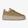 Sneaker H stripes nubuck camel met lammy | DELSCHER. Fashion
