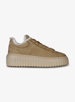 Sneaker H stripes nubuck camel met lammy | DELSCHER. Fashion