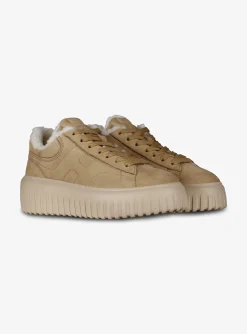 Sneaker H stripes nubuck camel met lammy | DELSCHER. Fashion