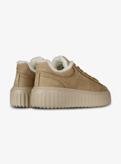 Sneaker H stripes nubuck camel met lammy | DELSCHER. Fashion