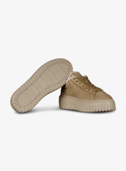 Sneaker H stripes nubuck camel met lammy | DELSCHER. Fashion