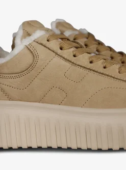 Sneaker H stripes nubuck camel met lammy | DELSCHER. Fashion