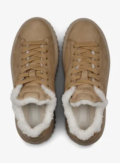Sneaker H stripes nubuck camel met lammy | DELSCHER. Fashion