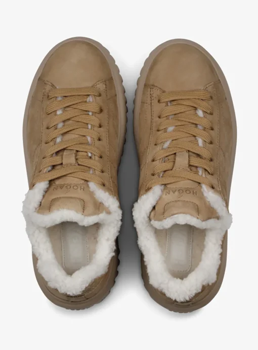 Sneaker H stripes nubuck camel met lammy | DELSCHER. Fashion