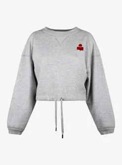 Sweater margo grijs cropped met rood logo klein | DELSCHER. Fashion