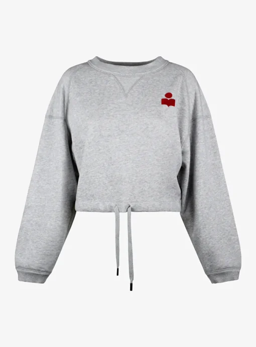 Sweater margo grijs cropped met rood logo klein | DELSCHER. Fashion
