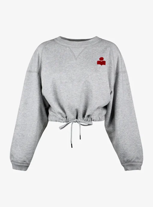 Sweater margo grijs cropped met rood logo klein | DELSCHER. Fashion