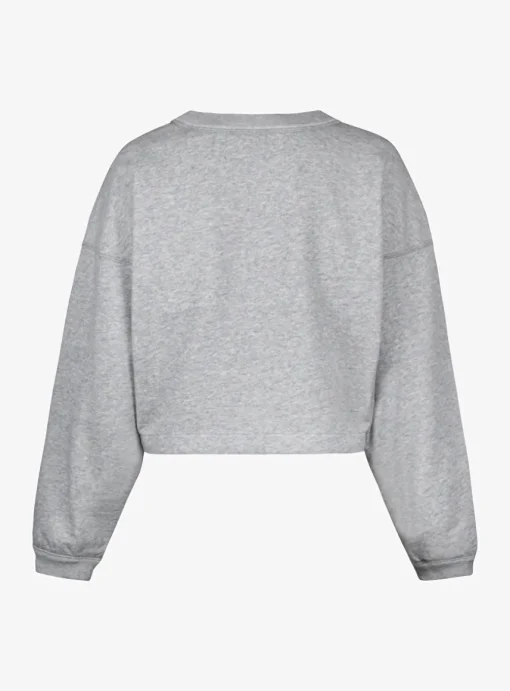 Sweater margo grijs cropped met rood logo klein | DELSCHER. Fashion