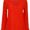 Top zijde rood met v hals | DELSCHER. Fashion