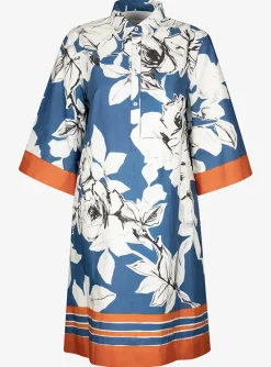 Tuniekjurk blauw bloemen met oranje bies | DELSCHER. Fashion
